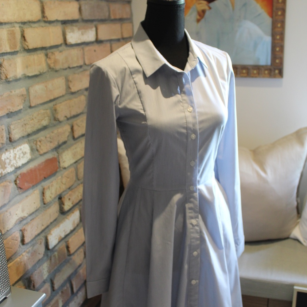 BCBG Generation Light Blue Pin-Striped Button-Up Flare Dress | Size 4 (S) |